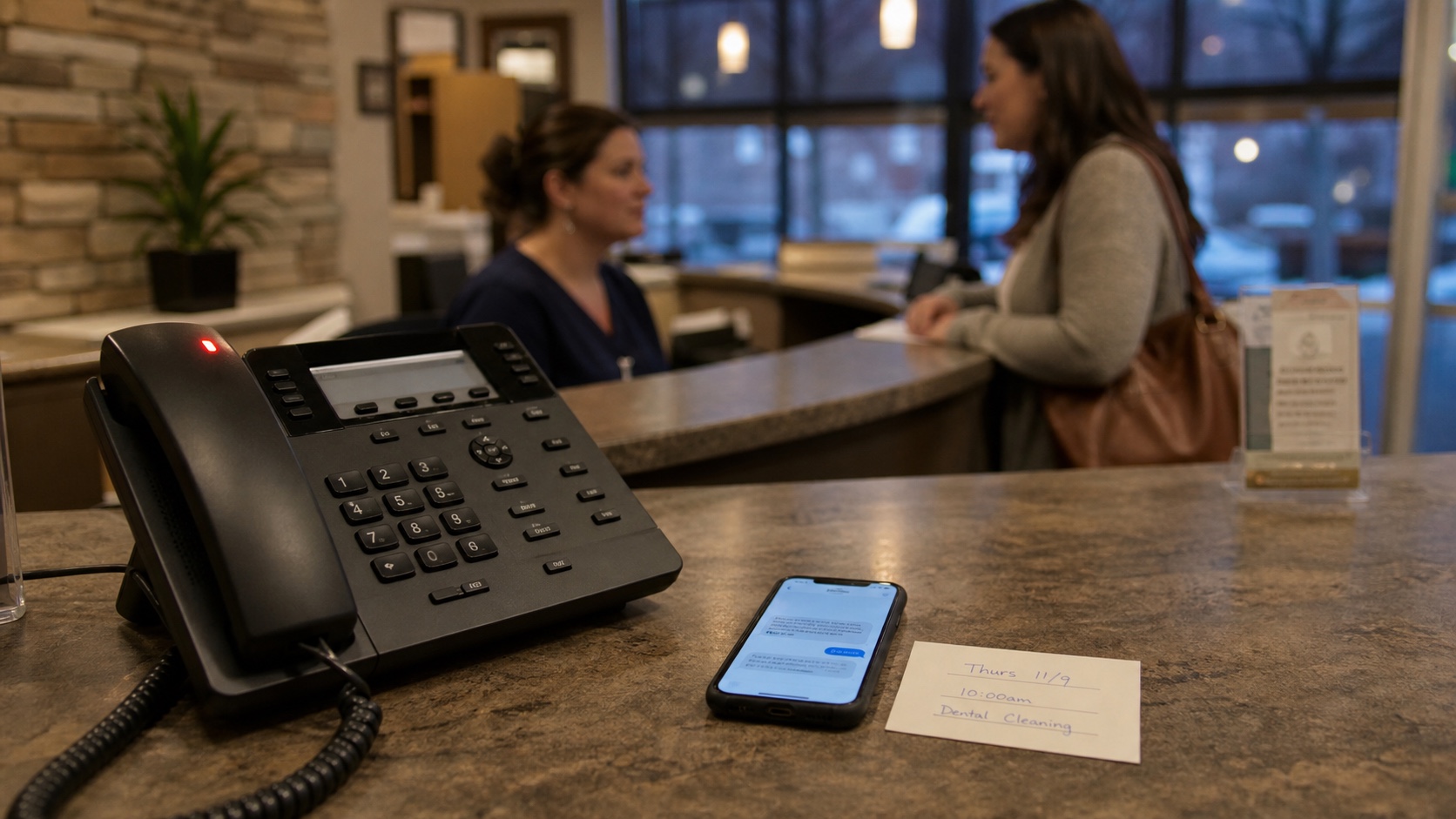 Dental reception desk with a missed call, text follow-up and appointment card