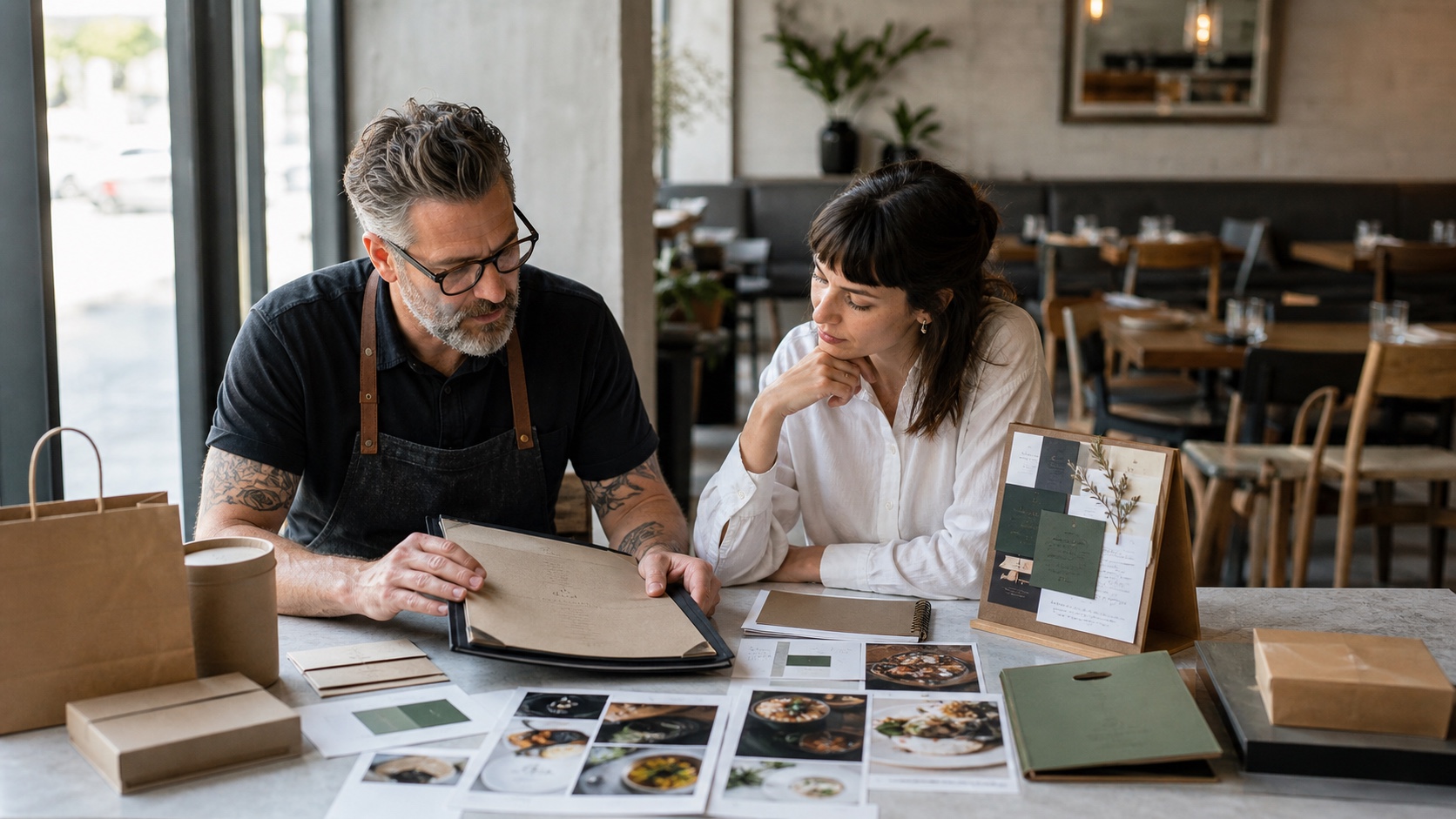 Restaurant owner reviewing menus, packaging and brand materials